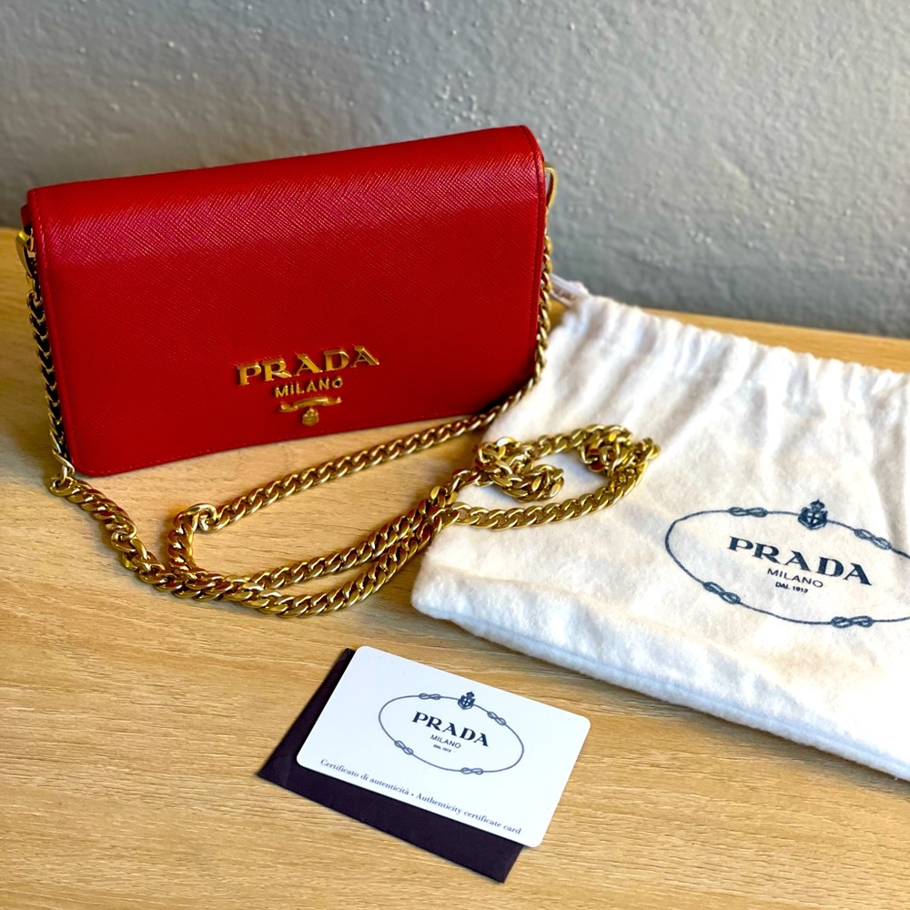 Red Prada Clutch with Gold Chain